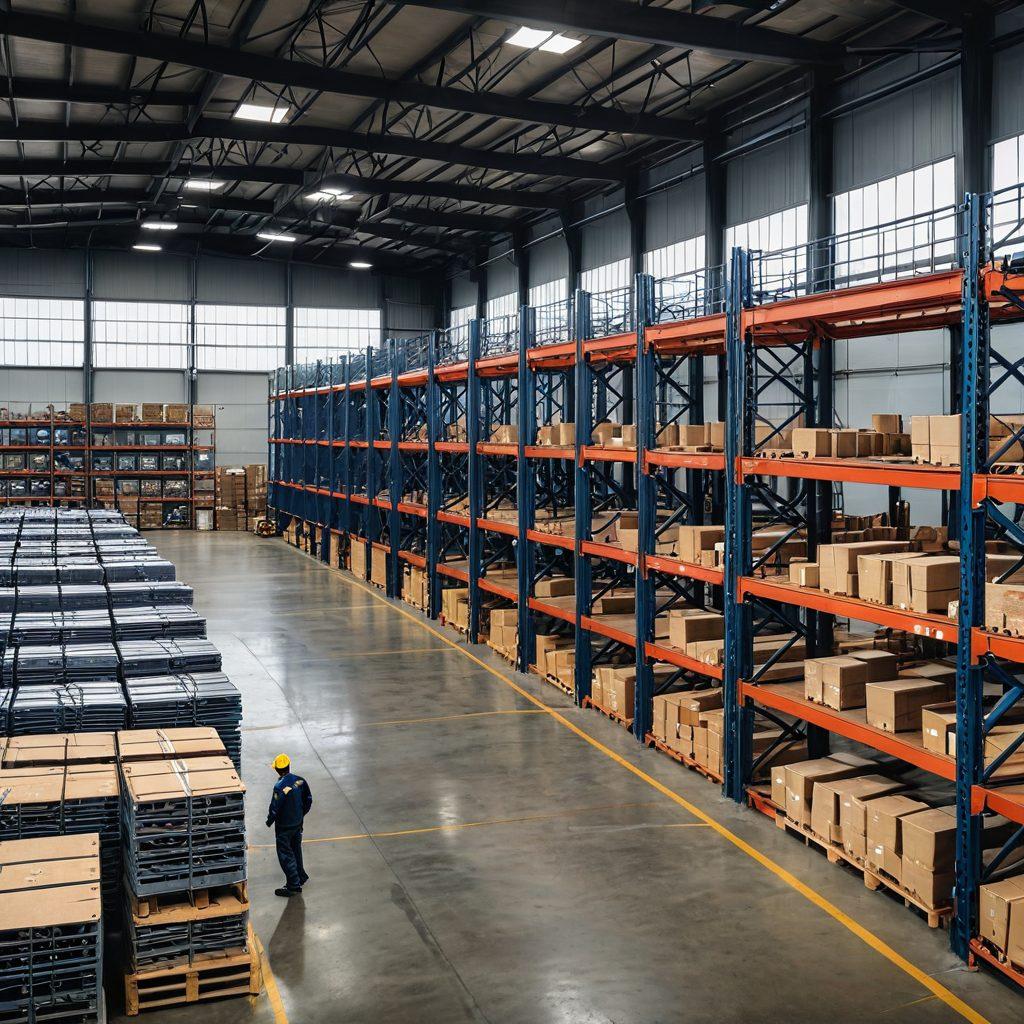 A well-organized steel inventory warehouse, showcasing rows of various steel products like beams, bars, and sheets, with an efficient metal distribution area featuring forklifts and workers assessing inventory. Include a pie chart and bar graphs overlay on the image to represent cost management strategies. Natural lighting streaming through large windows to emphasize a productive environment. super-realistic. vibrant colors. industrial style.