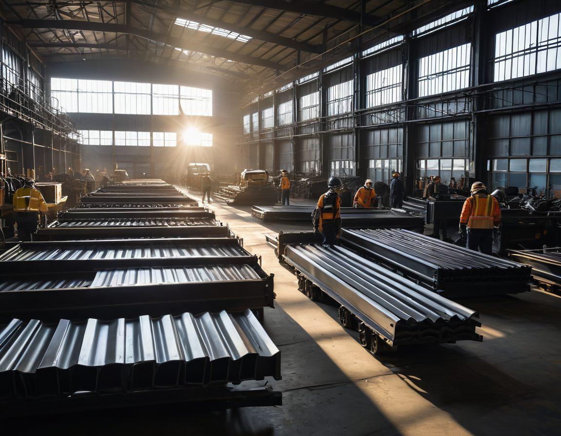 A bustling steel market scene, showcasing various metal products stacked neatly, with workers demonstrating careful distribution techniques. Include conveyor belts and equipment in the background, emphasizing efficiency and precision. Bright sunlight streaming through a large open warehouse door, casting shadows and highlighting the steel's reflective surfaces. Super-realistic. vibrant colors. industrial setting.